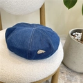 Deep blue denim beret featuring contrast white stitching and a silver metal badge - 55-59CM / Medium Blue & White