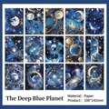 Blue Planet vintage celestial scrapbook paper set with planets and moon patterns - Dark Blue Planet