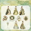 Autocollants PET rétro avec personnages féminins victoriens en style floral vert - Gaze de Fumée de Saule