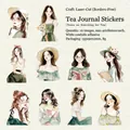 DIY journal stickers featuring 10 unique watercolor girl illustrations in green aesthetic - Tea Searching Notes
