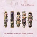 Retro Story floral PET stickers featuring vintage purple and pink blooms in 15-piece pack - Rich Fragrance
