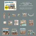 Set de 15 pegatinas de PET tema Mercado de Café para scrapbooking y decoración creativa - Café de Autoservicio / 15 Piezas