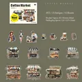 Set de 15 pegatinas de PET de tema mercado de café retro con diseños vintage de café - Americano Hecho a Mano / 15 Piezas