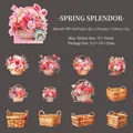 Floral basket PET stickers with shell light finish for DIY scrapbooking, 12 pieces set - Vibrant Spring (Pink)