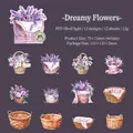 Pegatinas de cestas de flores de PET con acabado perlado y motivos lavanda, 12 piezas - Flores de Ensueño / Morado