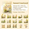 Sunset Garden PET stickers featuring sunflowers and wooden fences for scrapbooking decor - Flower Fence Series-Sunset Courtyard