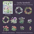 Adesivi in PET con quadrifoglio e fiori viola con finitura lucida effetto conchiglia - Simbolo della Fortuna