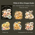 Floral snake PET stickers set with shell light finish for creative DIY journaling - White Dragon Silver Snake