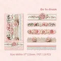Vintage Blumen-Aufkleber aus PET mit rosa Pfingstrosen und Spitzenrand für DIY-Journal - Gehe zum Traum
