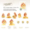 Floral PET stickers featuring girls and sunflowers theme, 15 pieces set for scrapbooking - Dancing in Flowers