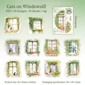 Garden themed PET stickers featuring watercolor cats on window sills, 10-piece set - Cat at the Window