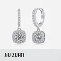 Pendientes largos de plata 925 con moissanita redonda y engaste de halo cuadrado - Estilo Halo Cuadrado (E12926)