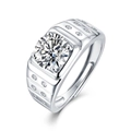 Men's S925 silver adjustable ring with round solitaire moissanite and side stones - Silver/Round Cut/2 Carat/8.0mm