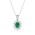 S925 sterling silver necklace featuring a green emerald floral pendant with halo stones - 925 Silver / P10735 Sun Flower Emerald 5*7 (With Cert & Box)