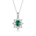 Collier fleur en argent avec pierre vert émeraude et halo de diamants brillants - Pendentif Émeraude Ovale (5x7mm) (P13261) / Argent 925