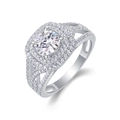 Luxurious S925 sterling silver halo ring with large round diamond and double pave bands - US 5 / 1ct Moissanite Ring (R13378) / Silver