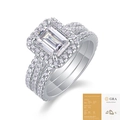 Emerald cut moissanite ring with triple row pave band in 925 sterling silver - R13775 Moissanite Octagon 6x8 (With GRA Certificate)