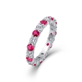 Close-up of S925 sterling silver eternity ring with red and white gemstones in claw setting - US Size 9 / R14019 Moissanite + Lab Ruby 3mm