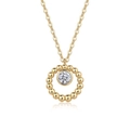 U-shaped gold necklace featuring a circular beaded pendant with a round moissanite stone - N14895 Moissanite 5.0mm/50 Points / 925 Silver Gold Plated