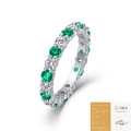 Elegante anello eternity in argento S925 con smeraldi a taglio tondo e pietre moissanite - Taglia US 9 / R14018 Moissanite + Smeraldo di Laboratorio 3mm (Con Certificato GRA)