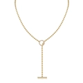 Elegant gold-tone beaded lariat necklace with a crystal-encrusted ring and T-bar pendant - 925 Silver Gold Plated / Small Stone Moissanite (N15126)