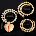 Hip hop jewelry set with gold plated iced out Cuban chains and a red broken heart pendant - Gold Broken Heart Set