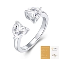 Anello aperto in argento 925 con due pietre moissanite a forma di cuore, design bypass - Taglia US 9 / Stile a Doppia Pietra Taglio a Cuore (R15638) / Con Certificato GRA e Confezione Regalo