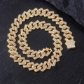 15mm double-row iced out Cuban link chain in gold finish with spring clasp - 18 Inch (45cm) / Gold