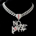 Hiphop silver Cuban chain with iced-out NO LOVE letters and red heart pendant - Silver Heart Clasp No Love Pendant + Necklace
