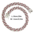 Men's 14mm silver iced out Cuban chain necklace with pink and white rhinestones, 20 inch - Silver + Pink Rhinestone