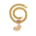 Detailed view of hip hop gold Cuban chain with pink and white rhinestone lip pendant - Gold Letter G