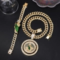 Close-up of hip-hop gold Cuban chain set with iced out rhinestones and St. Jude pendant - Gold (Pendant + Necklace + Bracelet)