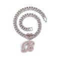 Collana hip-hop cuban link con pendente a labbra e lettera B in strass rosa e bianchi - Ciondolo + Catena Cubana da 20 Pollici / Lettera B argento
