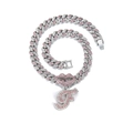Detail of silver Cuban link necklace featuring pink rhinestone lip and letter F pendant - Silver Letter F