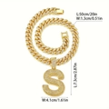 Detail showing dimensions of gold iced out letter S pendant and Cuban link chain - Pendant Only (Gold Letter S) / Gold Letter S