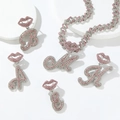 Hip hop style Cuban link chain with pink rhinestone letters and sexy lip charms - Letter A / Silver Lips Bail Pink & White Rhinestones
