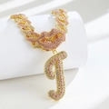 Hip hop gold Cuban chain necklace with iced out pink lips and letter J pendants - Pendant Only / Gold Pink Letter J