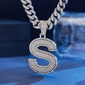 Macro shot of iced out silver letter S pendant with sparkling cuban link chain - Pendant Only (Silver Letter S) / Silver Letter S