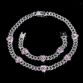 Set collana e bracciale a catena cubana con cuori in cristallo rosa luccicante - Collana e Bracciale a Maglia Cubana con Cuore Rosa (SET520)