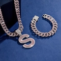 Hip hop Cuban link chain set with pink diamond S pendant and matching bracelet - Silver Pink Letter S (Necklace + Bracelet)