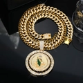 Close-up of gold Cuban link chain with iced-out St. Jude medallion and green enamel - Gold (Pendant + Chain)