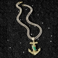 Hip hop style gold Cuban chain with San Judas anchor pendant encrusted with white crystals - Saint Jude Anchor Pendant + Cuban Chain / Gold