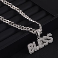 Collana a catena cubana argento con pendente lettera BLESS e zirconi luccicanti - Ciondolo a Lettera Argentato E Collana Cubana