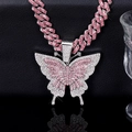 Hip-hop Cuban link necklace featuring large butterfly pendant with pink and white rhinestones - Pink Butterfly Necklace
