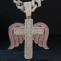 Ciondolo a croce hip hop argento con ali d'angelo di strass rosa su catena cubana - Ciondolo Croce d'Argento Ali di Angelo Solo (Senza Catena)