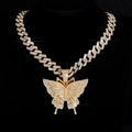 Hip hop style gold plated cuban link chain with iced out butterfly pendant for men and women - Gold Butterfly Pendant Necklace