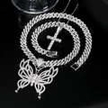 Set di catene cubane hip hop argentate con ciondoli a farfalla e croce con strass - Set Collana Farfalla Croce Argento