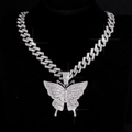 Iced out silver hip hop cuban chain necklace with a large sparkling butterfly pendant - Silver Butterfly Pendant Necklace
