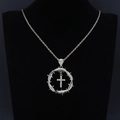 Silver vintage cross pendant with diamond-set thorn wreath on twisted rope chain - Silver 1019 Pendant + 24inch Silver Rope Chain