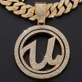 Ciondolo a lettera U ghiacciato in oro con pavé di cristalli e catena a maglia cubana spessa - Ciondolo Solo con Piastra Rotonda Oro Lettera U (Senza Catena)